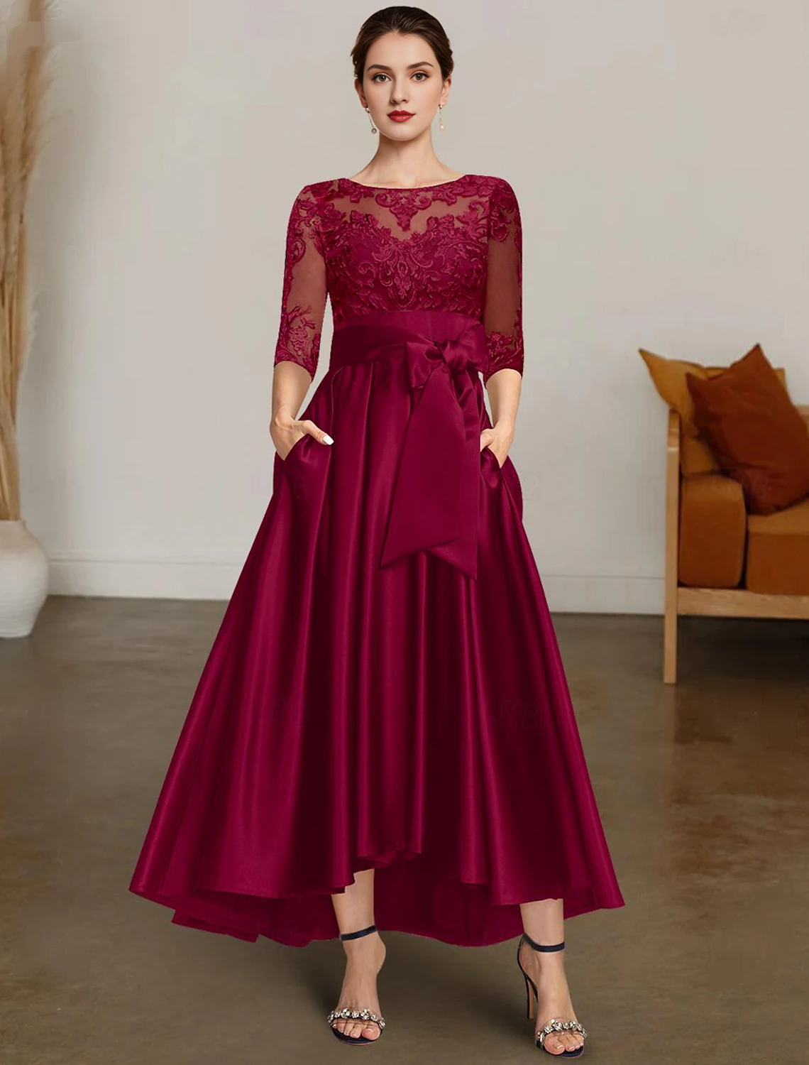 Luolandi A-Line Chrismas Dress Mother of the Bride Dress Formal Wedding Guest Elegant High Low Bateau Neck Asymmetrical Satin Lace 3/4 Length Sleeve with Lace
